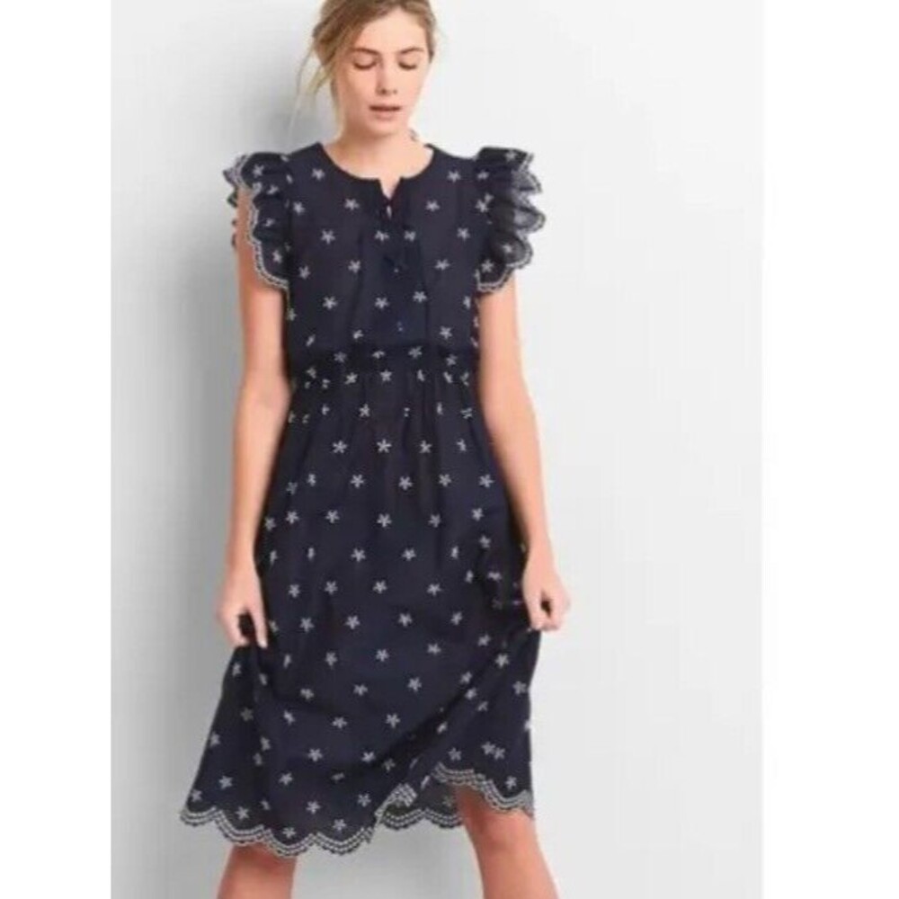 GAP Dress Midi Flutter Sleeve Ruffle Embroidered Lace Up Blue Small‎ Romantic